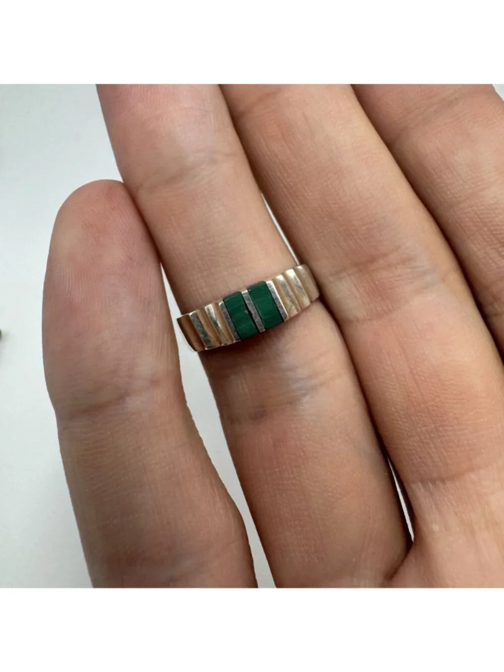 Sterling Silver 925 Malachite Inlay Ridged Band 3.5mm Wide Ring Size 7